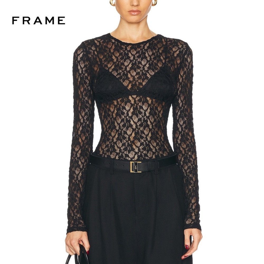 FRAME Mesh Lace Long Sleeve Sheer Crewneck Top S Black Floral Goth Romantic